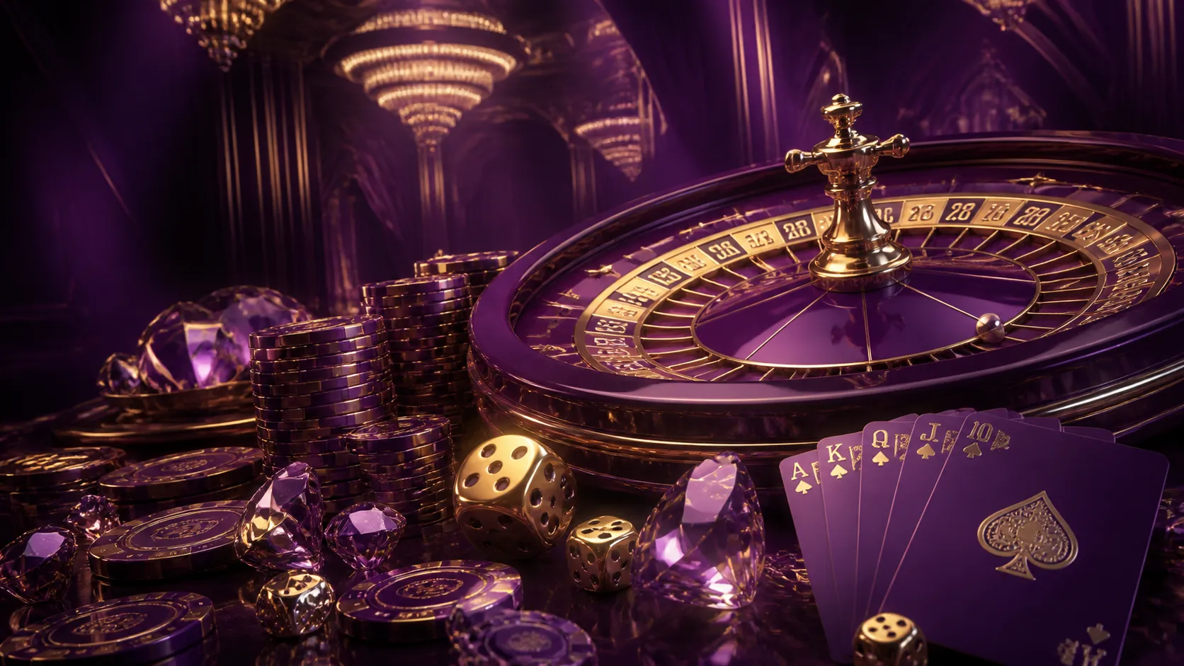 Luxurious casino hero banner with neon poker chips, glowing roulette wheel, and gemstones in vibrant hues