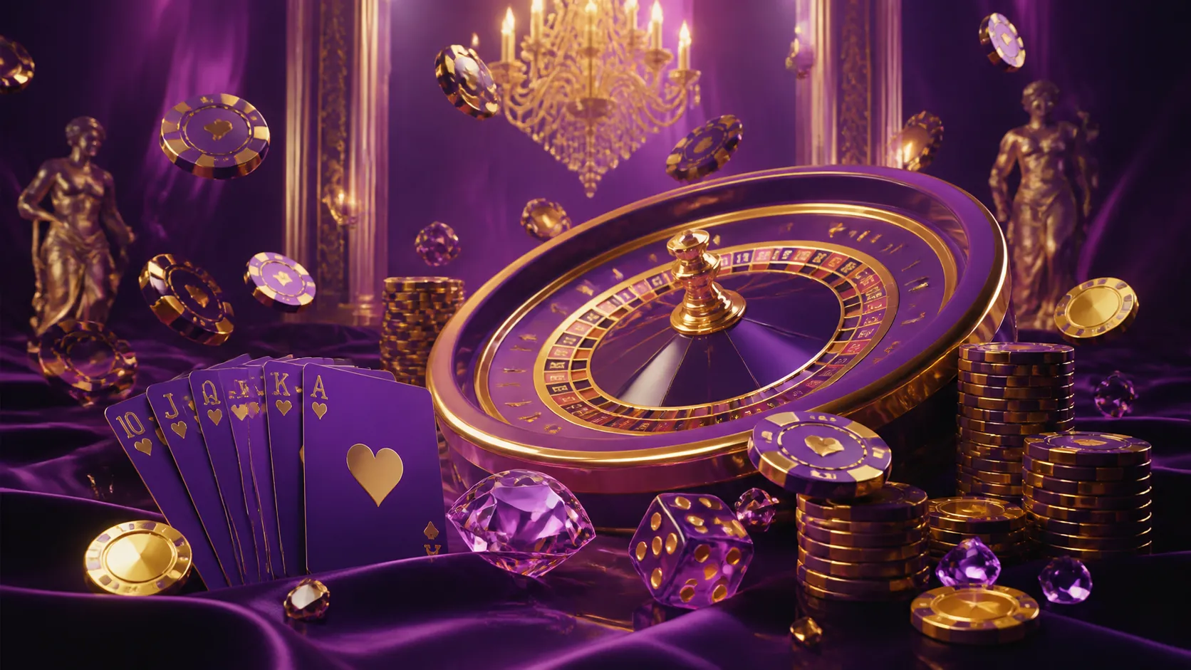 Elegant casino-themed image for Lussurio, featuring floating poker chips and slot reels with metallic finish, highlighting lu
